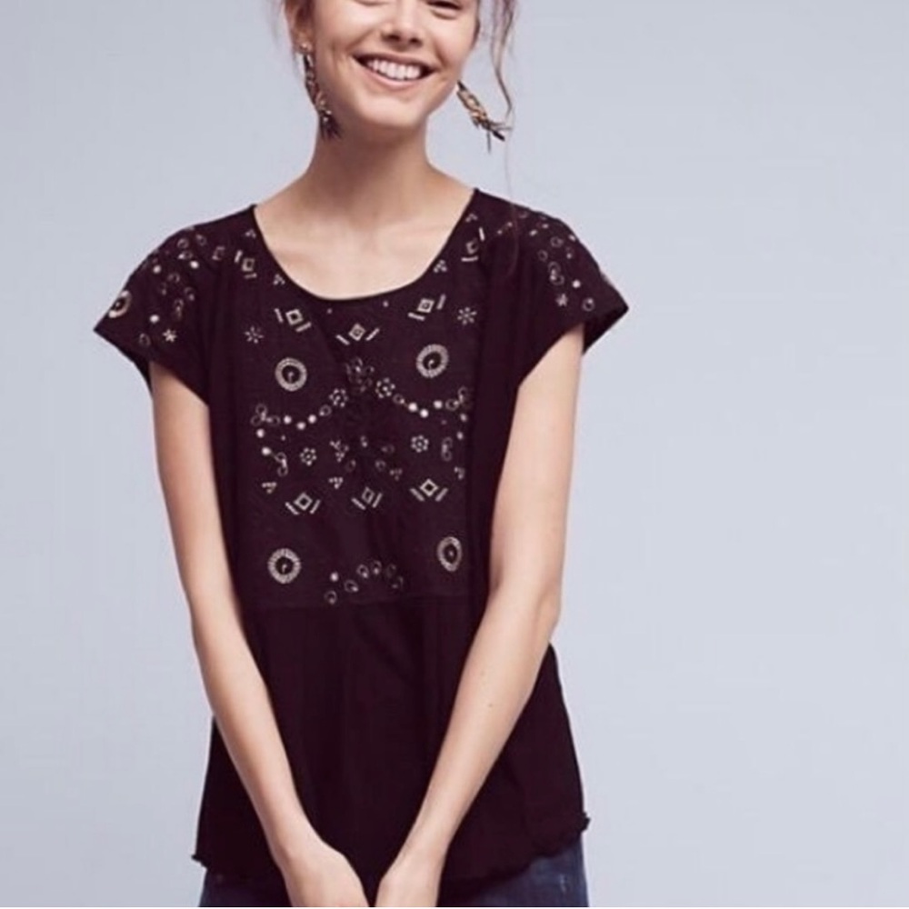 Anthropologie Akemi + Kin Arcana Short Sleeve Top in Black Embroidery